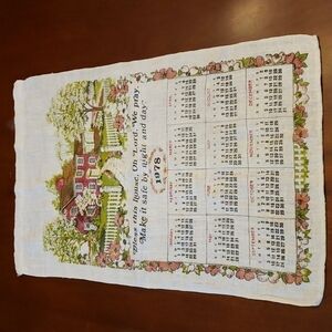 Vintage 78 linen Calendar Tea Towel bless this House Prayer Greens and Pinks